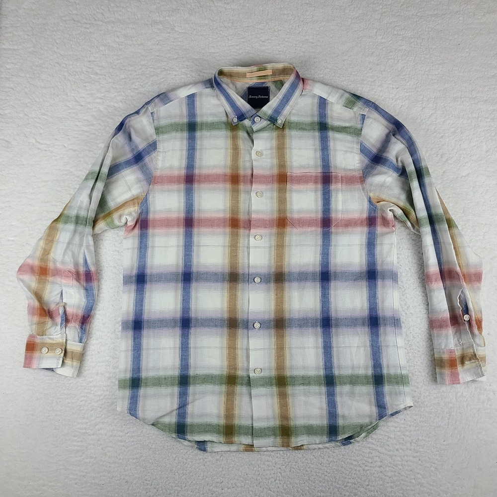 Tommy Bahama Dress Shirt Mens Large Blue Brown Check Linen‎ Cotton Button Up